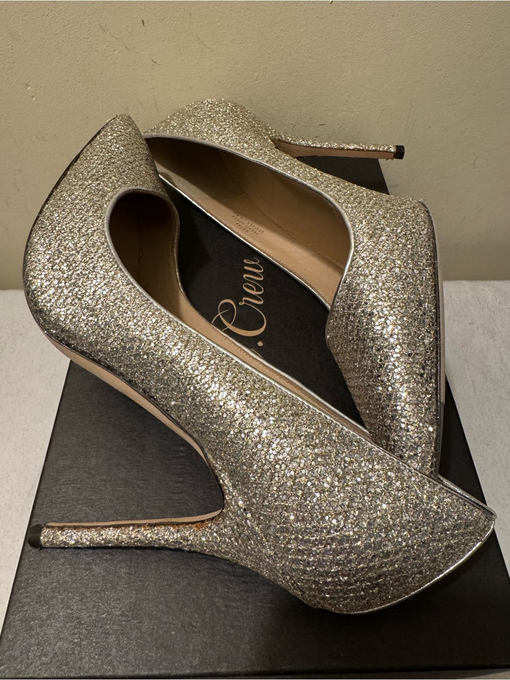 J.Crew Roxie Glitter Pumps Silver Gold Pointed Toe Heels Size 8 Made in Italy